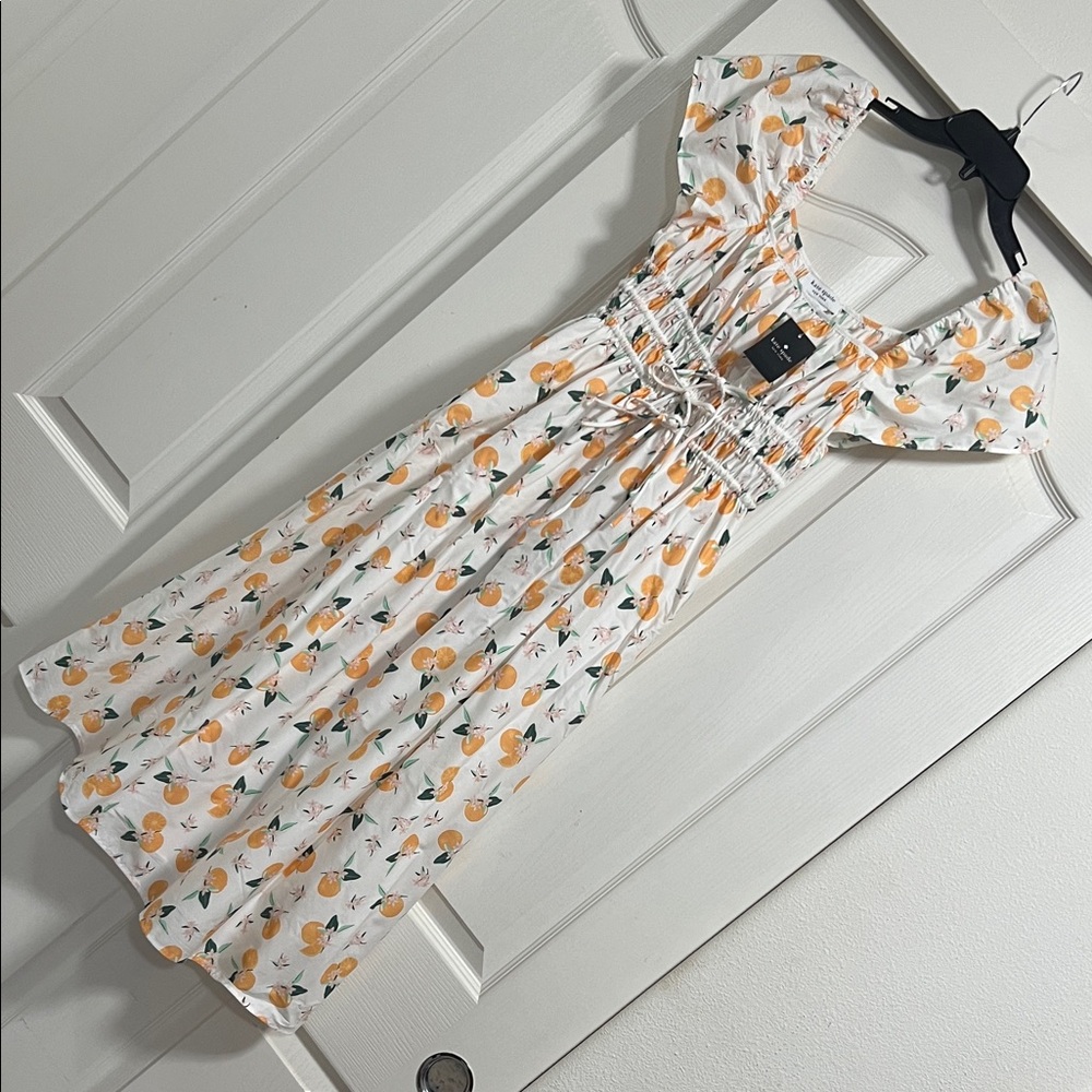 kate spade White midi dress w/ Orange Toss Print Square neck & Smocked Bodice XS